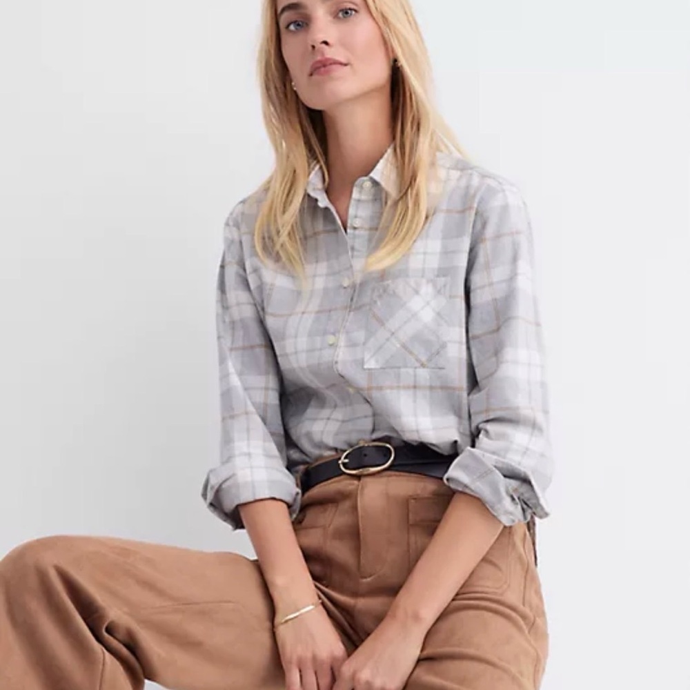 LOFT Gray and Cream Plaid Shirt